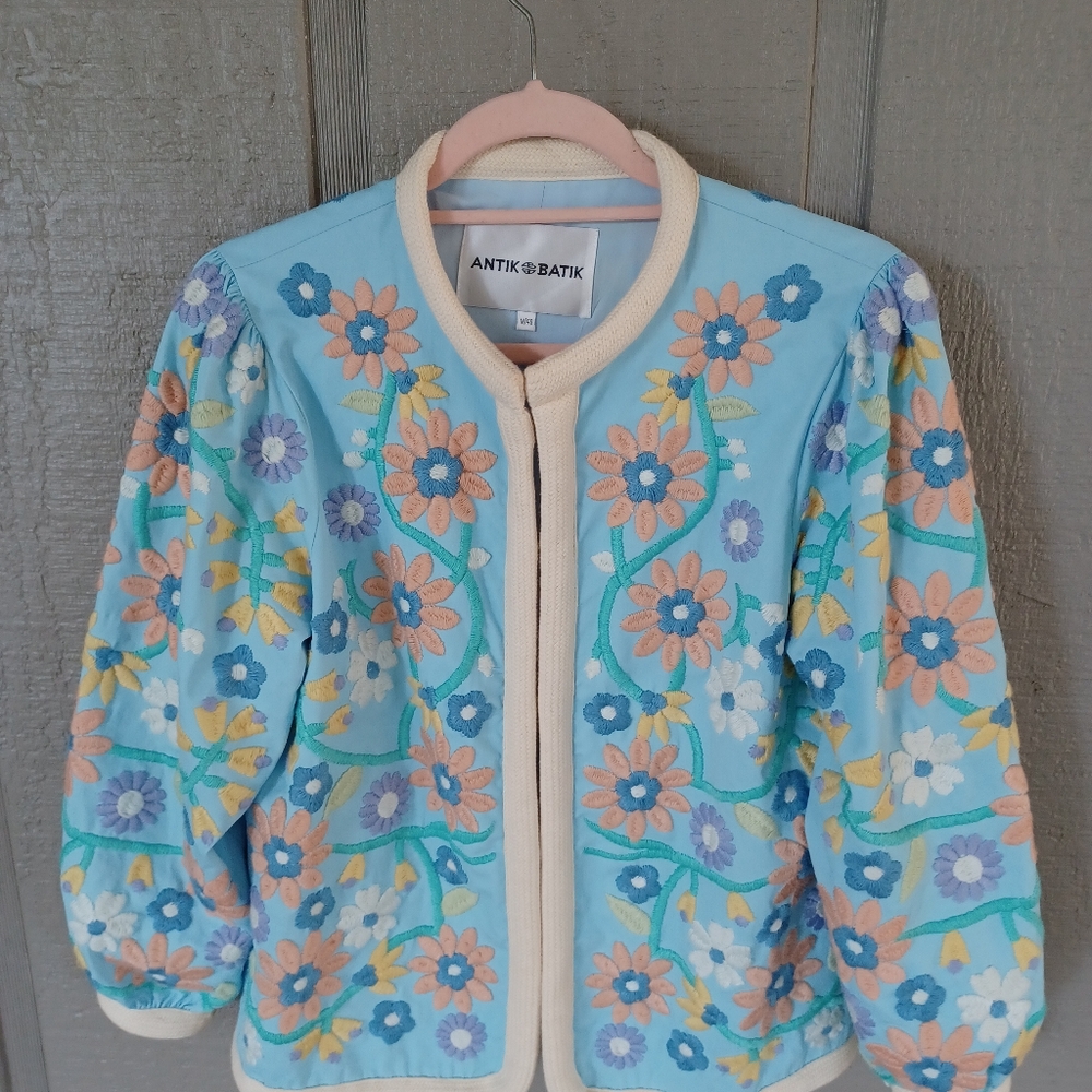 Antik Batik Baltazar Jacket Size M 40 Women Boho Preppy Floral Embroider Cotton - Picture 9 of 16